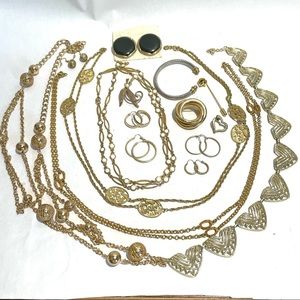 Antique jewelry lot gold chain hoop earrings brooch